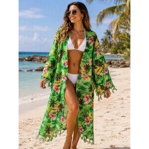 Rima Beachworld Womens One Size Tropical Floral Fringe Swim Cover Up Green